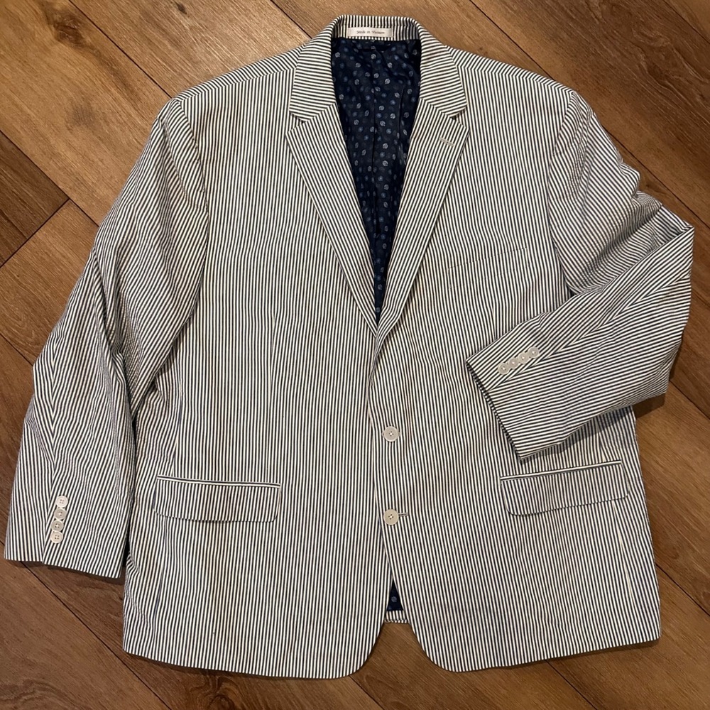 Chaps Mens Seersucker Blazer Blue White Striped Sport Coat Paisley Lining 52R